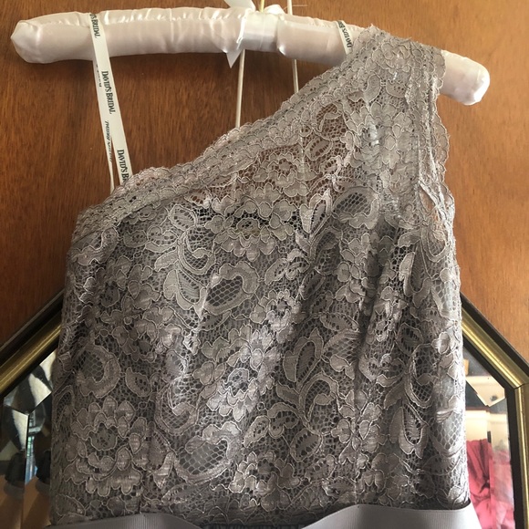 David’s Bridal Silver One Shoulder Lace Mesh Dress - Picture 4 of 5